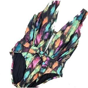 NWOT Luxe Lisa Vogel SM Deep V Multi Color Swimsuit Black 94577